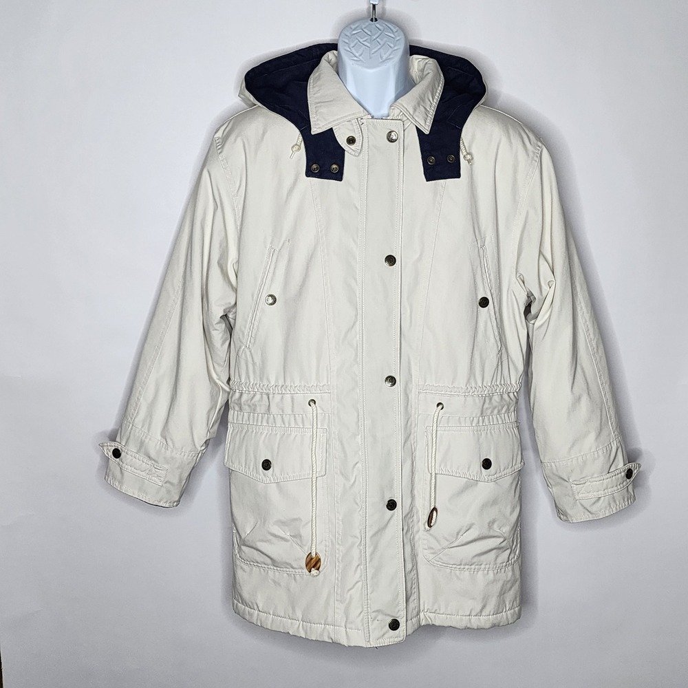 London Fog Parka Jacket Hooded Cream Navy Trim Cinch Waist Womens Size 10 Reg